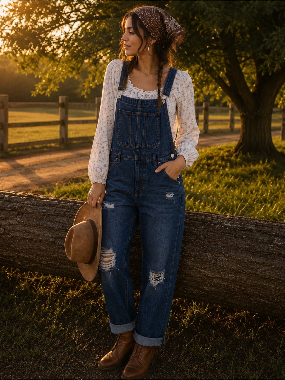 Boho Farm Girl Distressed Denim Overalls Women’s Size 10